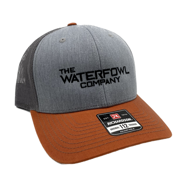 Heather Grey/Charcoal/Dark Orange with The Waterfowl Company spelled out with embroidery