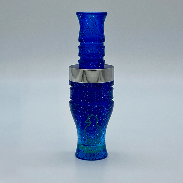 Sapphite Blue Cast Acrylic Timber Call with Green Glow in Dark Engraving with Stainless Band